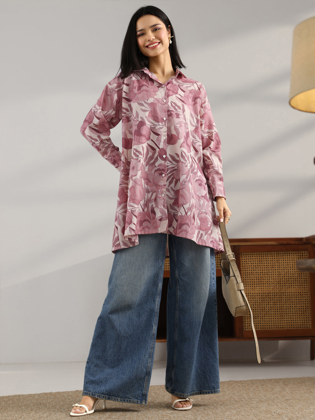 Mauve Printed Cotton A-Line Shorti Kurti