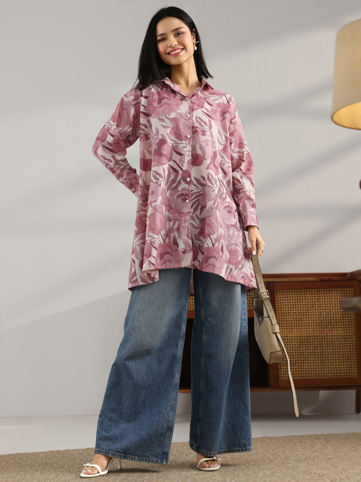 Mauve Printed Cotton A-Line Shorti Kurti
