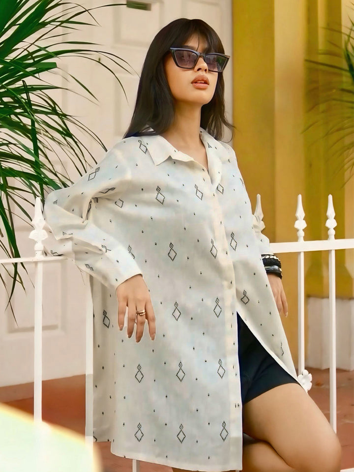 Off White Woven Design Cotton Blend Straight Short Kurti