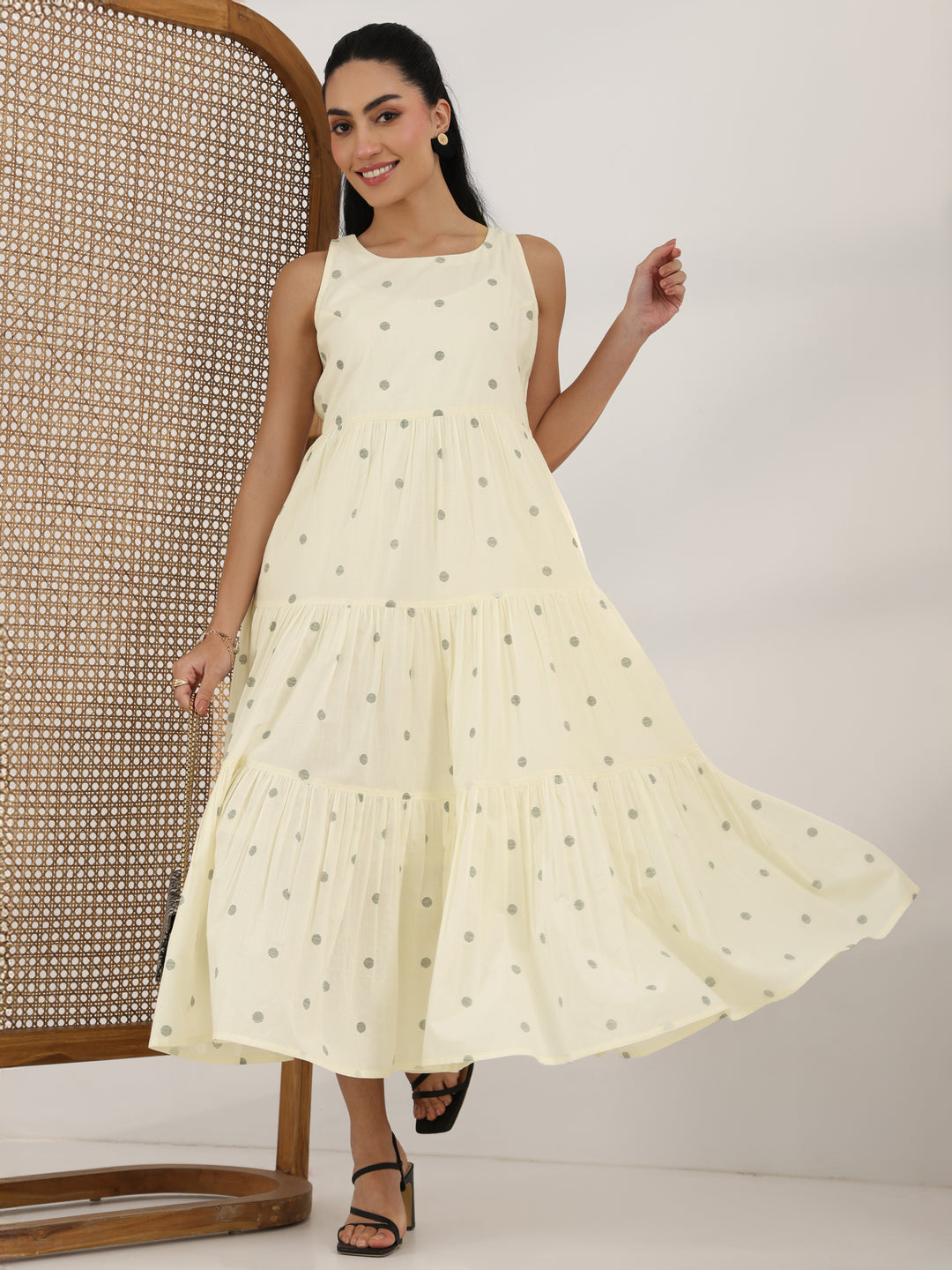Off White Printed Cotton Fit And Flare One Piece Dress
