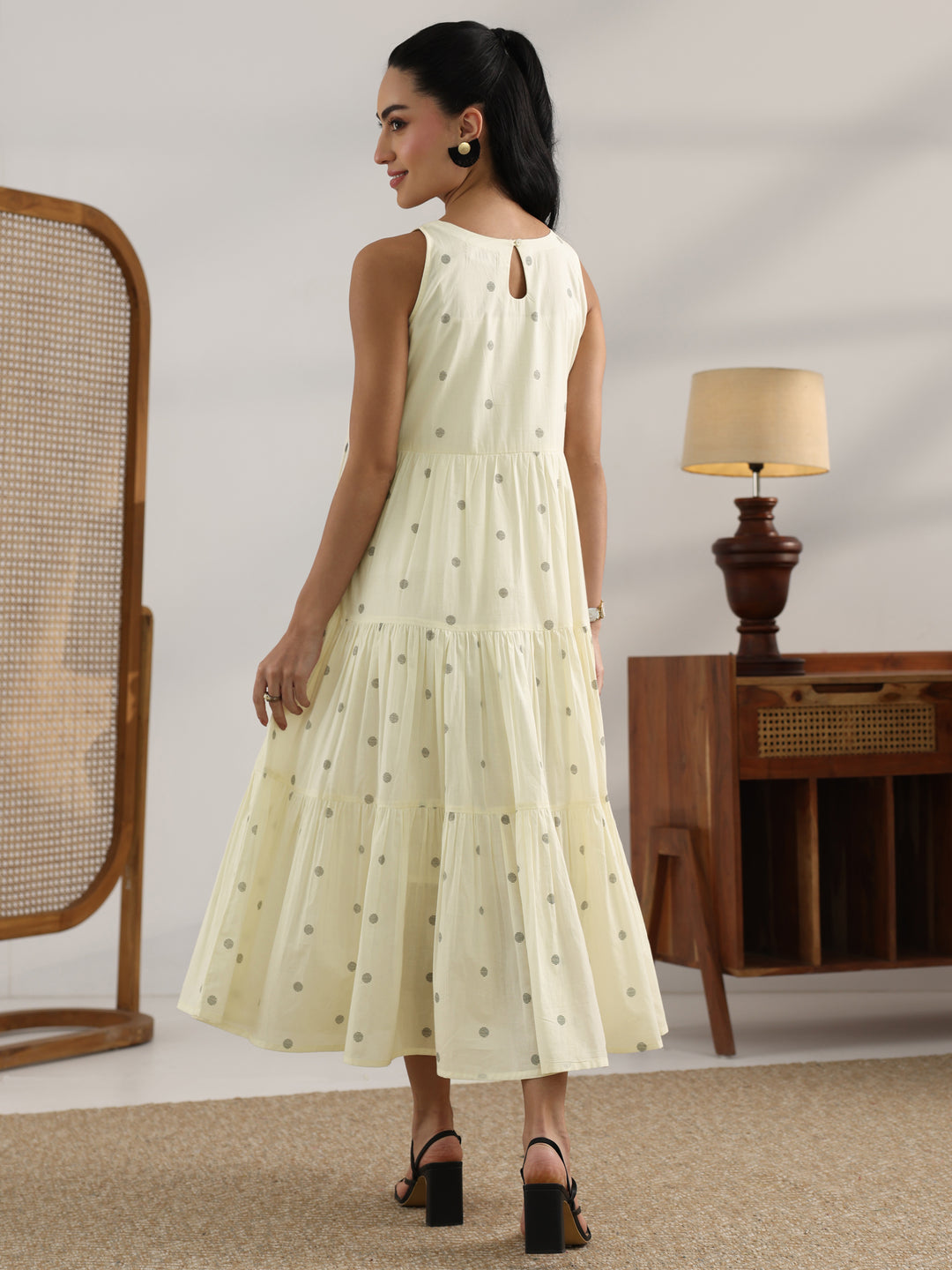 Off White Printed Cotton Fit And Flare One Piece Dress