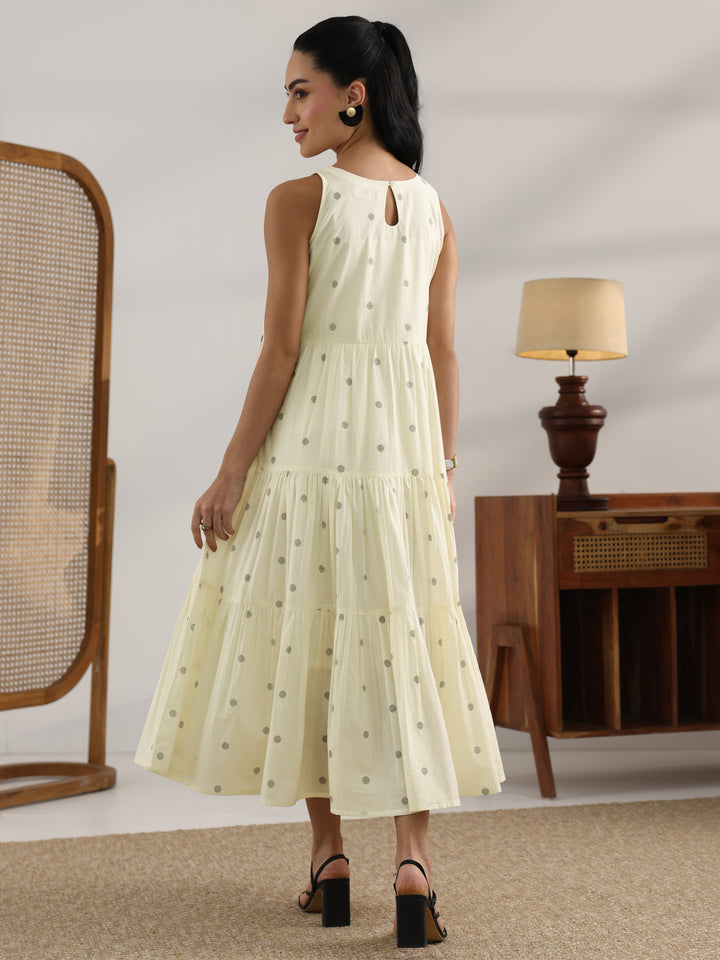 Off White Printed Cotton Fit And Flare One Piece Dress