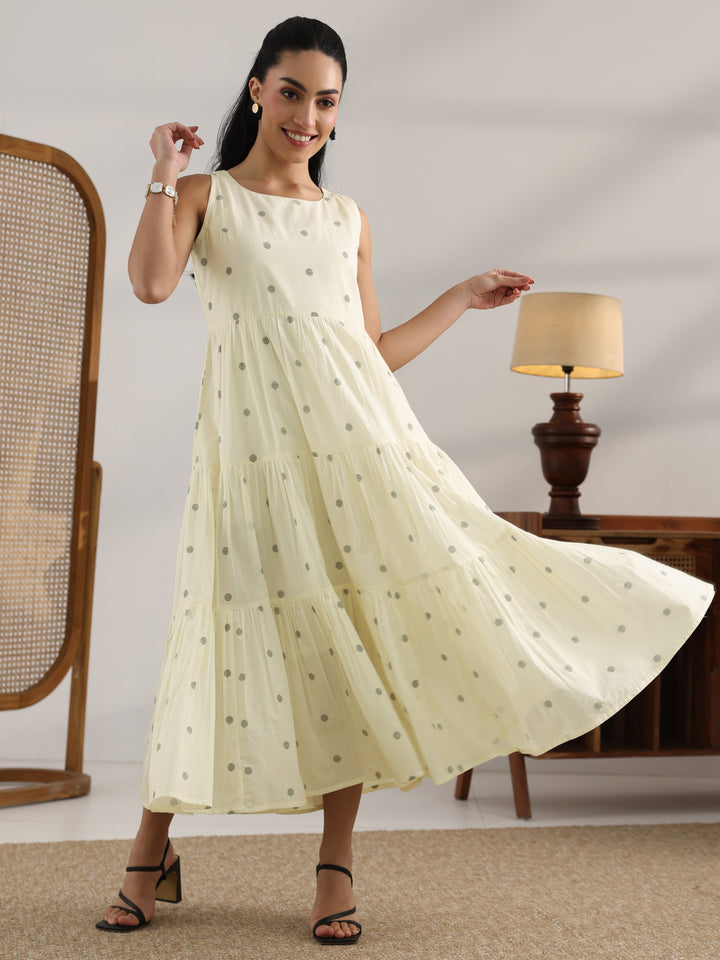 Off White Printed Cotton Fit And Flare One Piece Dress
