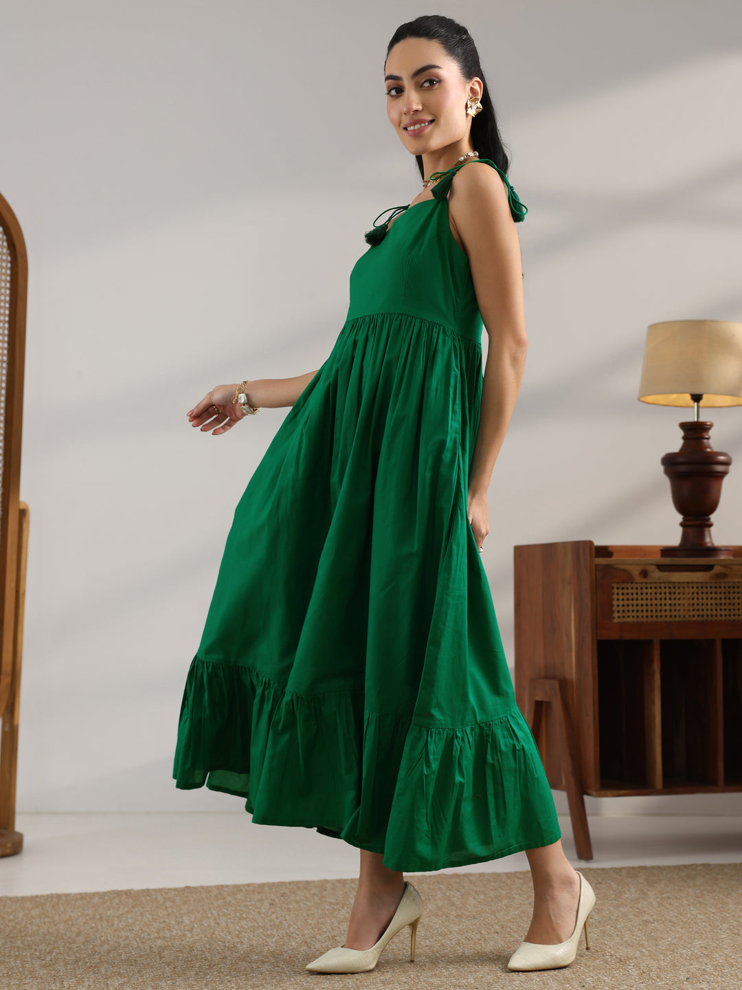 Green Solid Cotton Fit And Flare One Piece Dress