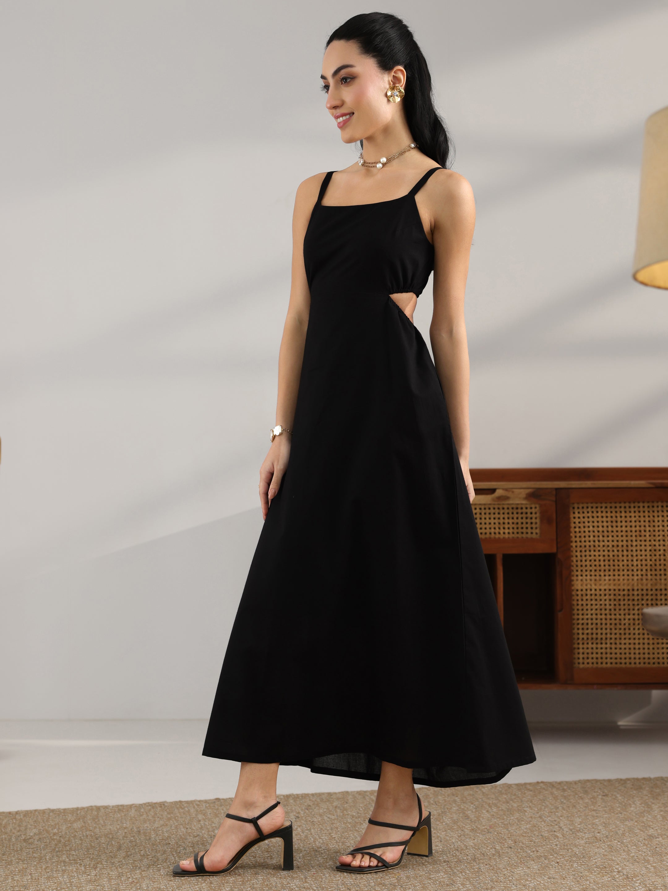 Buy Black Solid Cotton Cut Out Fit And Flare One Piece Dress
