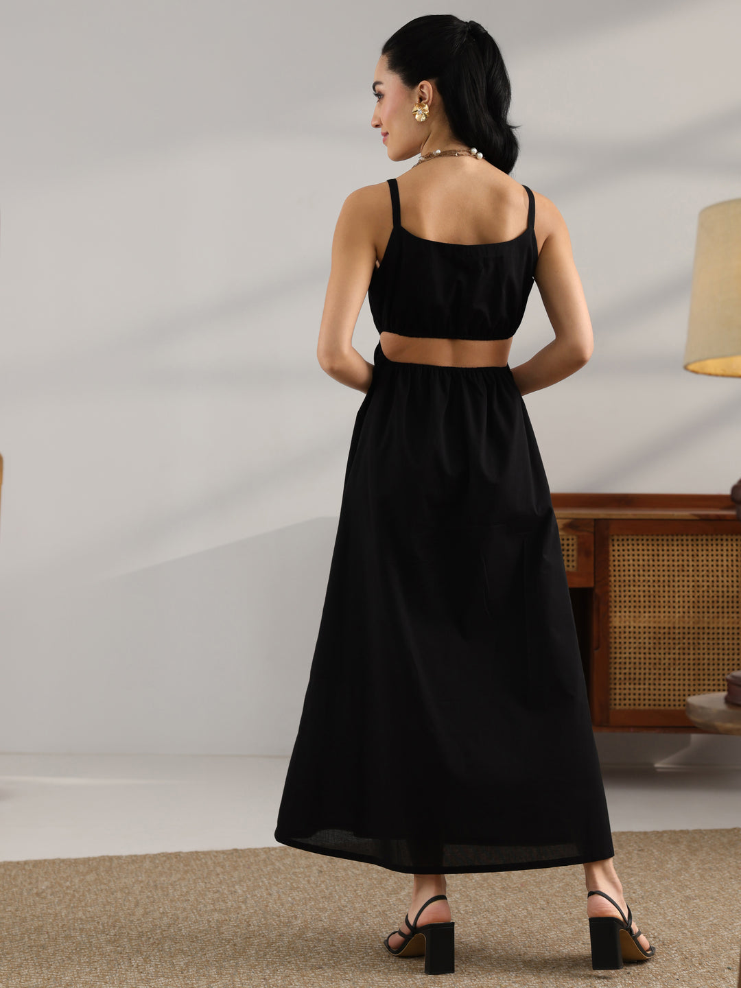 Black Solid Cotton Fit And Flare One Piece Dress