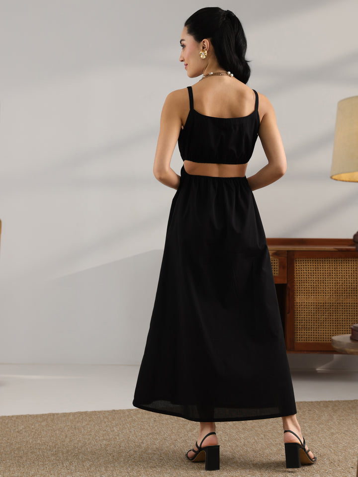 Black Solid Cotton Fit And Flare One Piece Dress