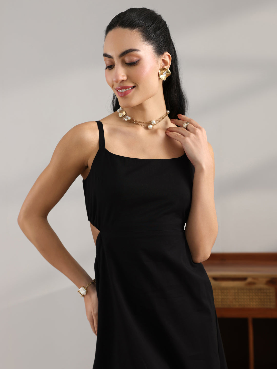 Black Solid Cotton Fit And Flare One Piece Dress