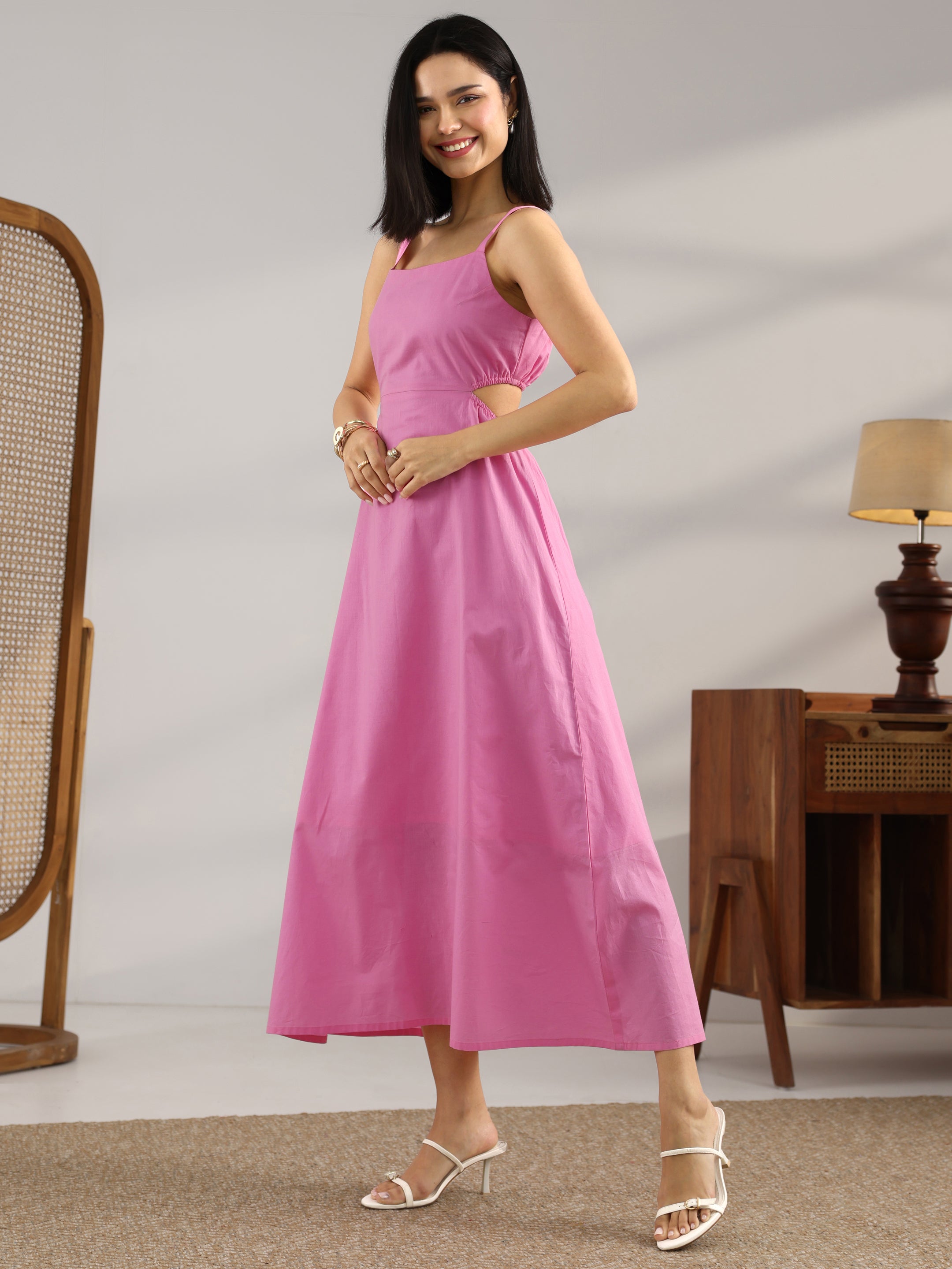 Buy Pink Solid Cotton Cut Out Fit And Flare One Piece Dress Online