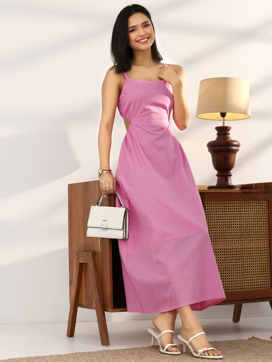 Pink Solid Cotton Fit And Flare One Piece Dress