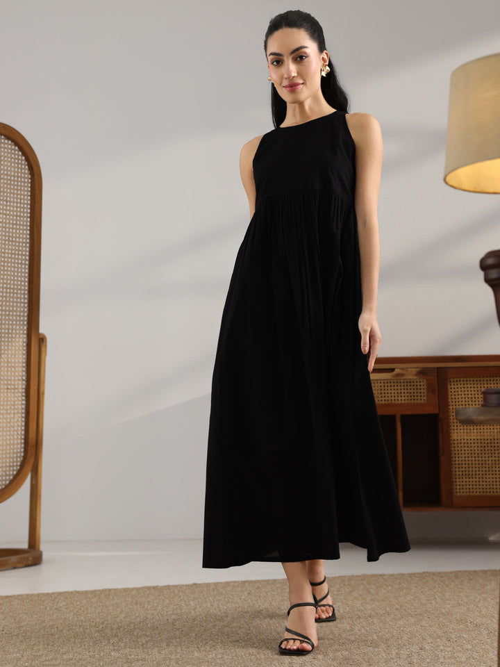 Black Solid Cotton Fit And Flare One Piece Dress