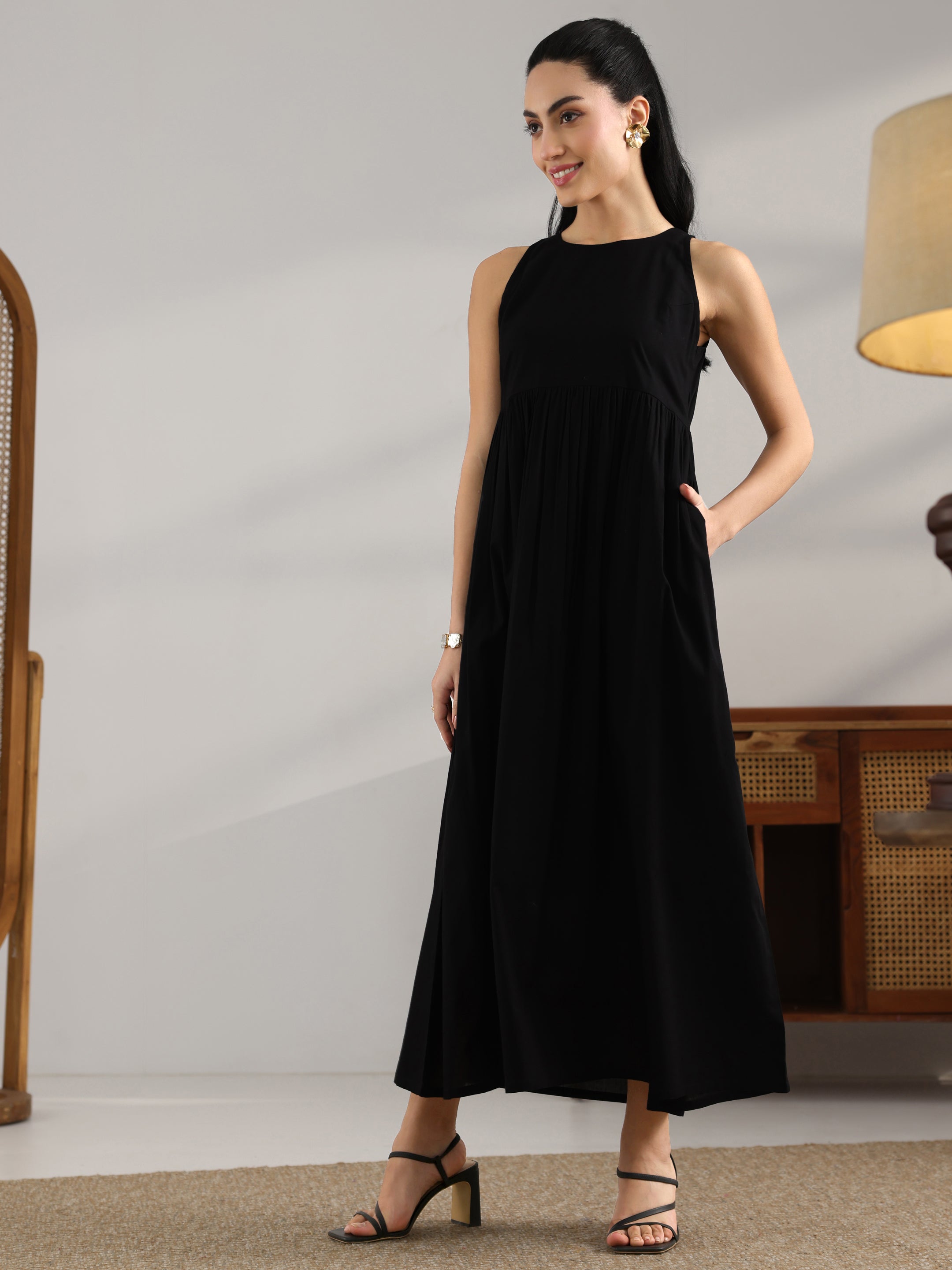 Buy Black Solid Cotton Fit And Flare One Piece Dress Online at