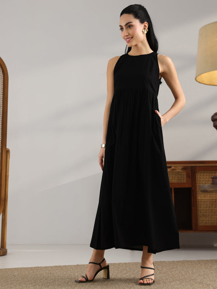 Black Solid Cotton Fit And Flare One Piece Dress
