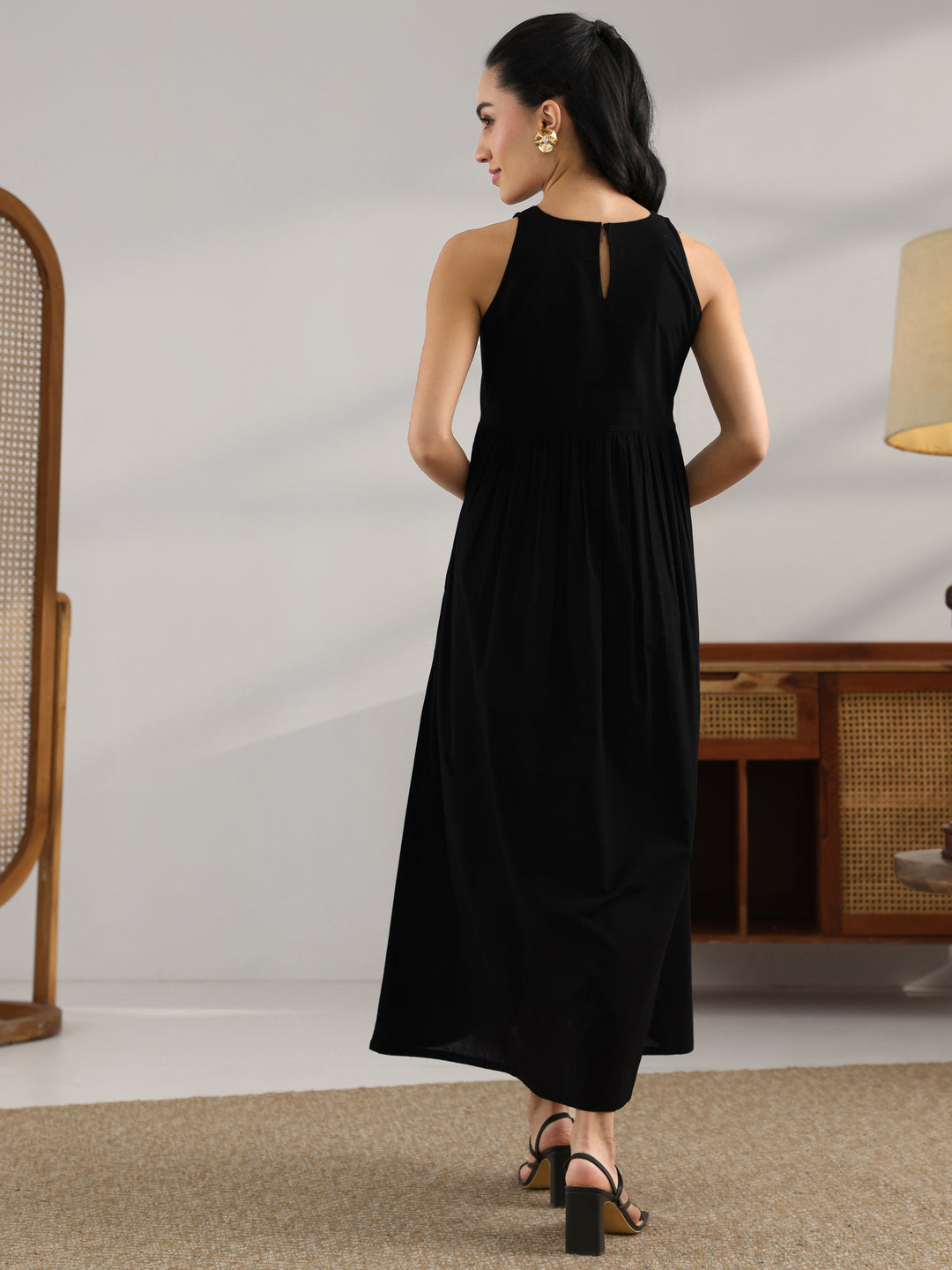 Black Solid Cotton Fit And Flare One Piece Dress