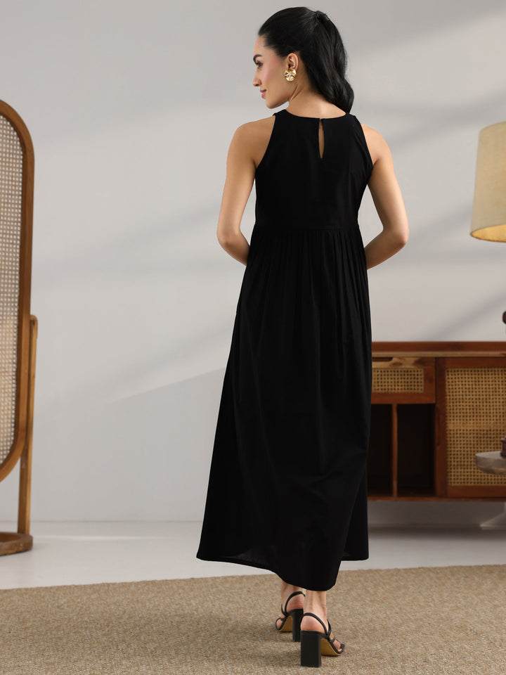 Black Solid Cotton Fit And Flare One Piece Dress