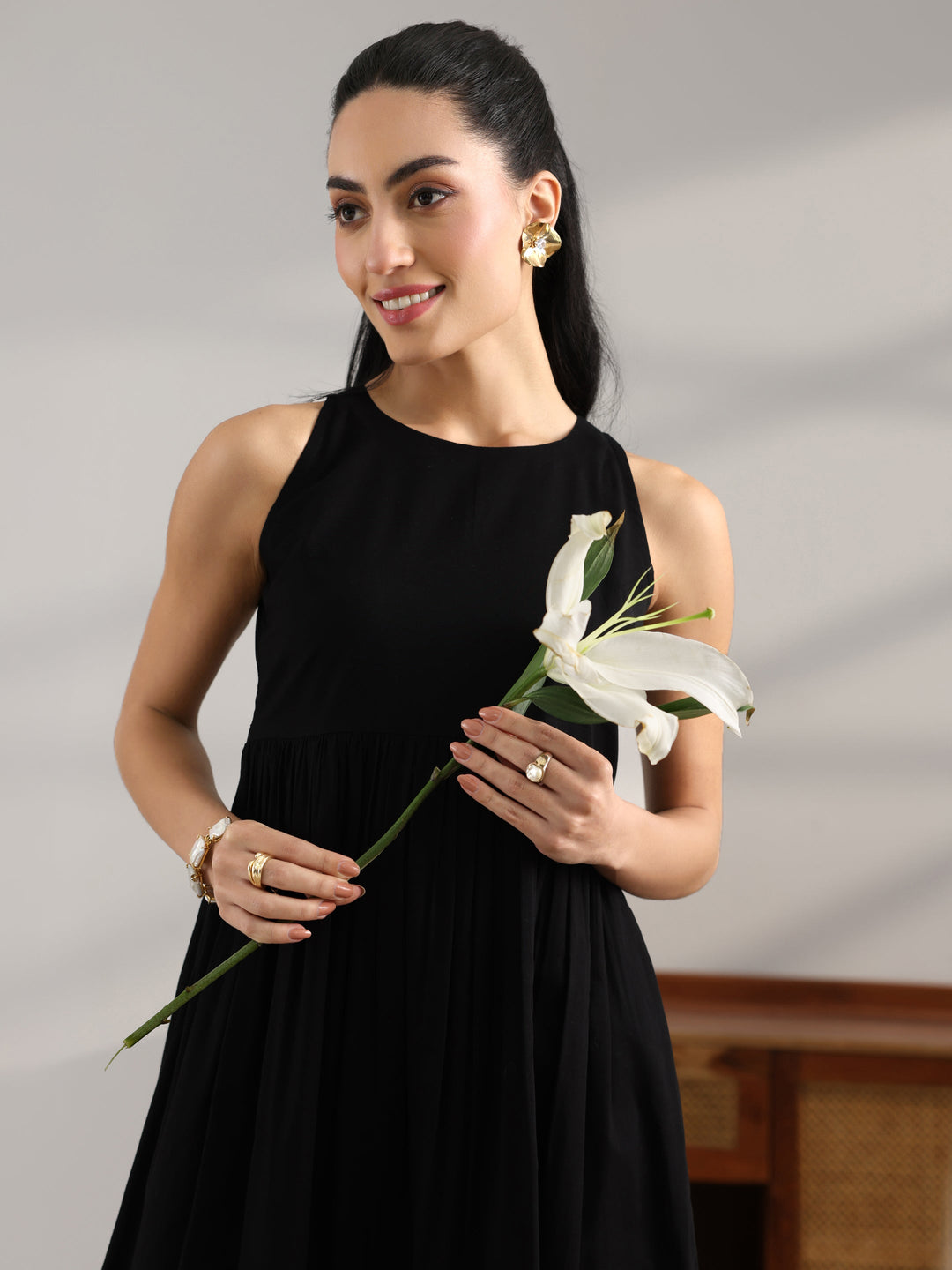 Black Solid Cotton Fit And Flare One Piece Dress