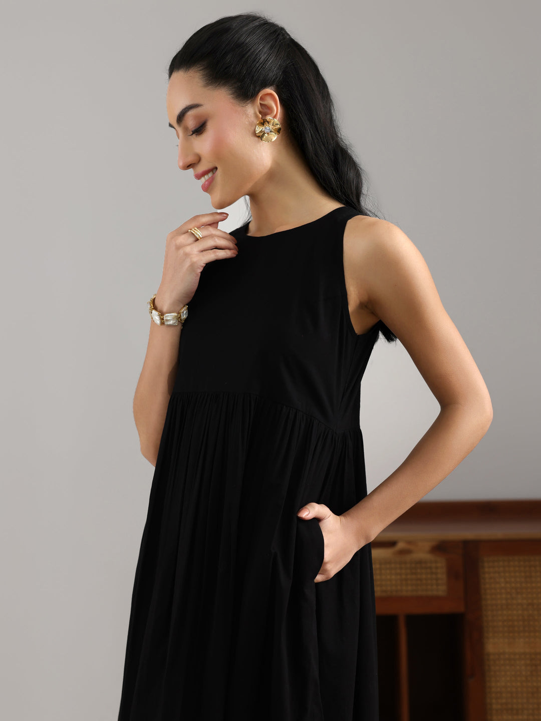 Black Solid Cotton Fit And Flare One Piece Dress