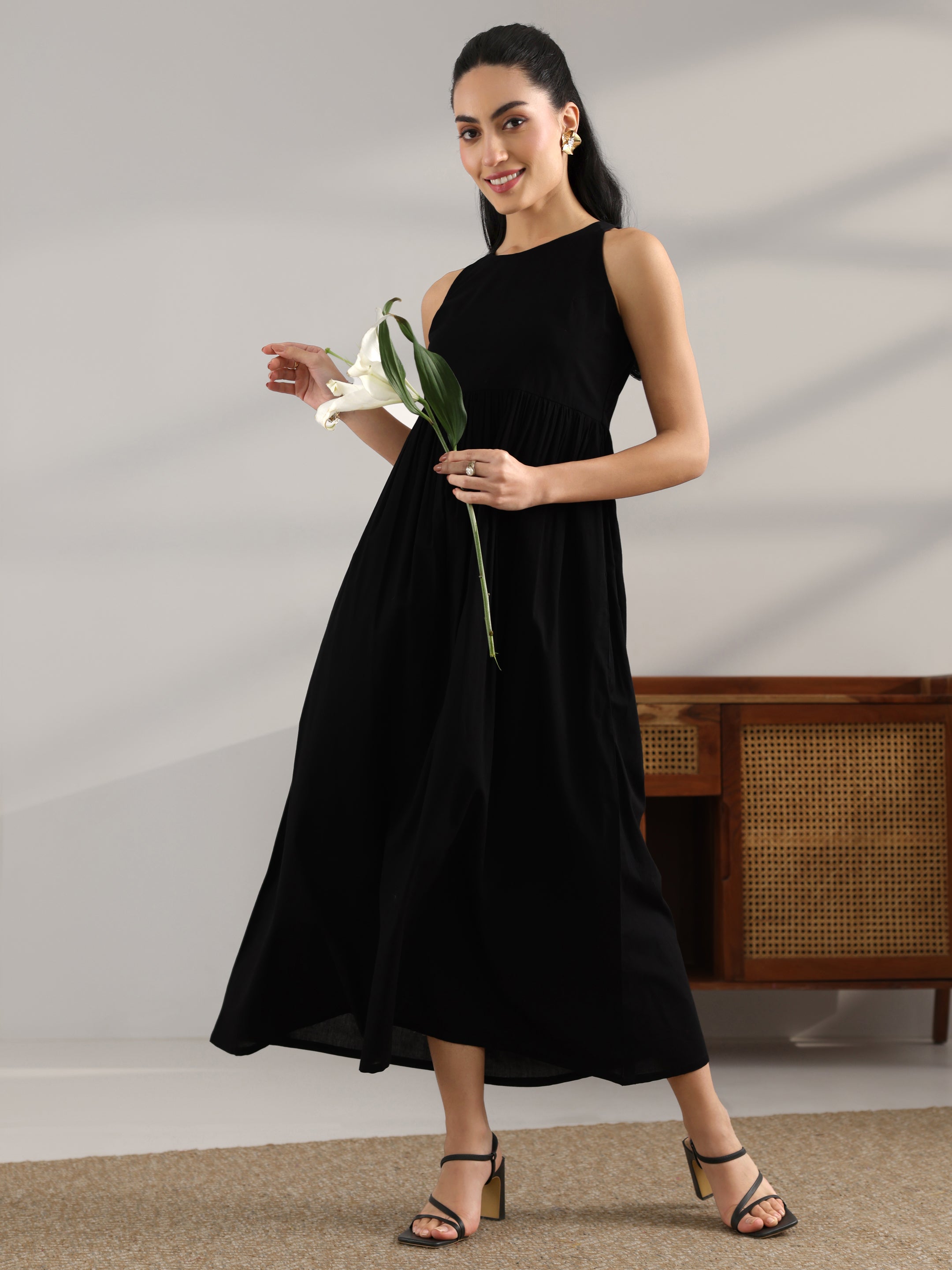 Buy Libas Black Solid Cotton Fit And Flare One Piece Dress Online