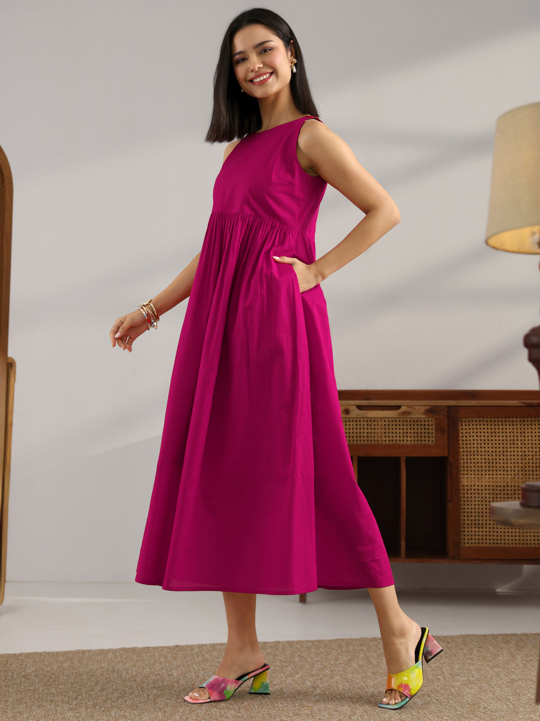 Magenta Solid Cotton Fit And Flare One Piece Dress