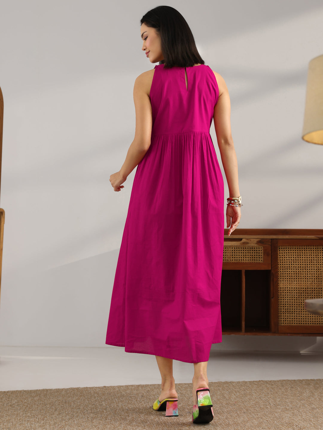 Magenta Solid Cotton Fit And Flare One Piece Dress