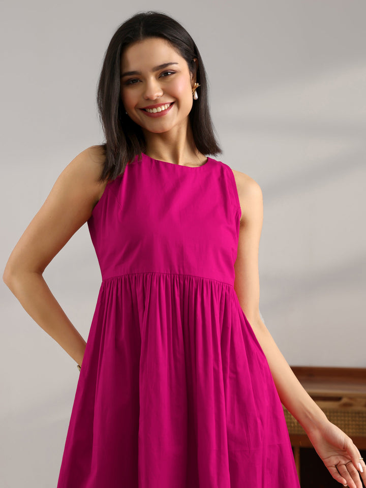 Magenta Solid Cotton Fit And Flare One Piece Dress