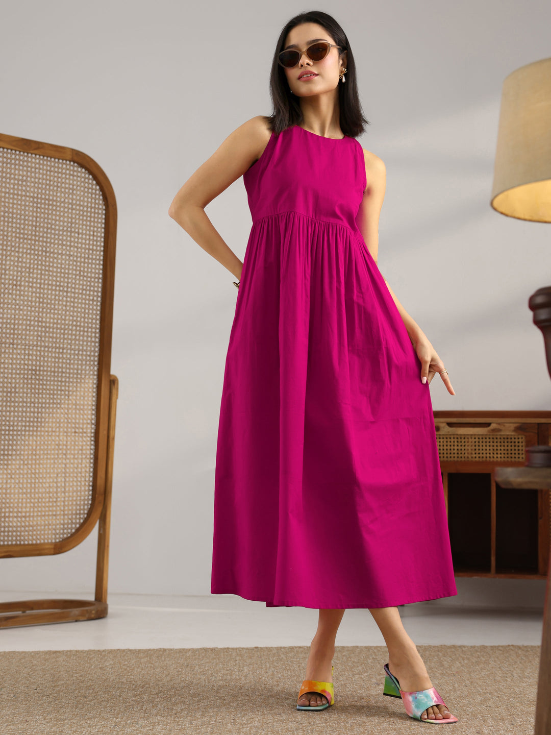 Magenta Solid Cotton Fit And Flare One Piece Dress