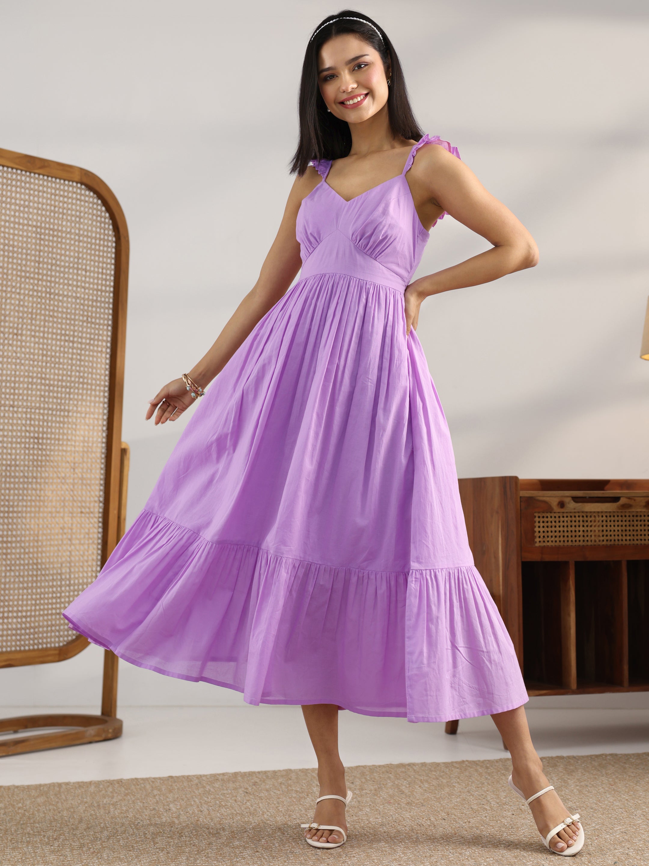 Buy Lavender Solid Cotton Fit And Flare One Piece Dress Online at