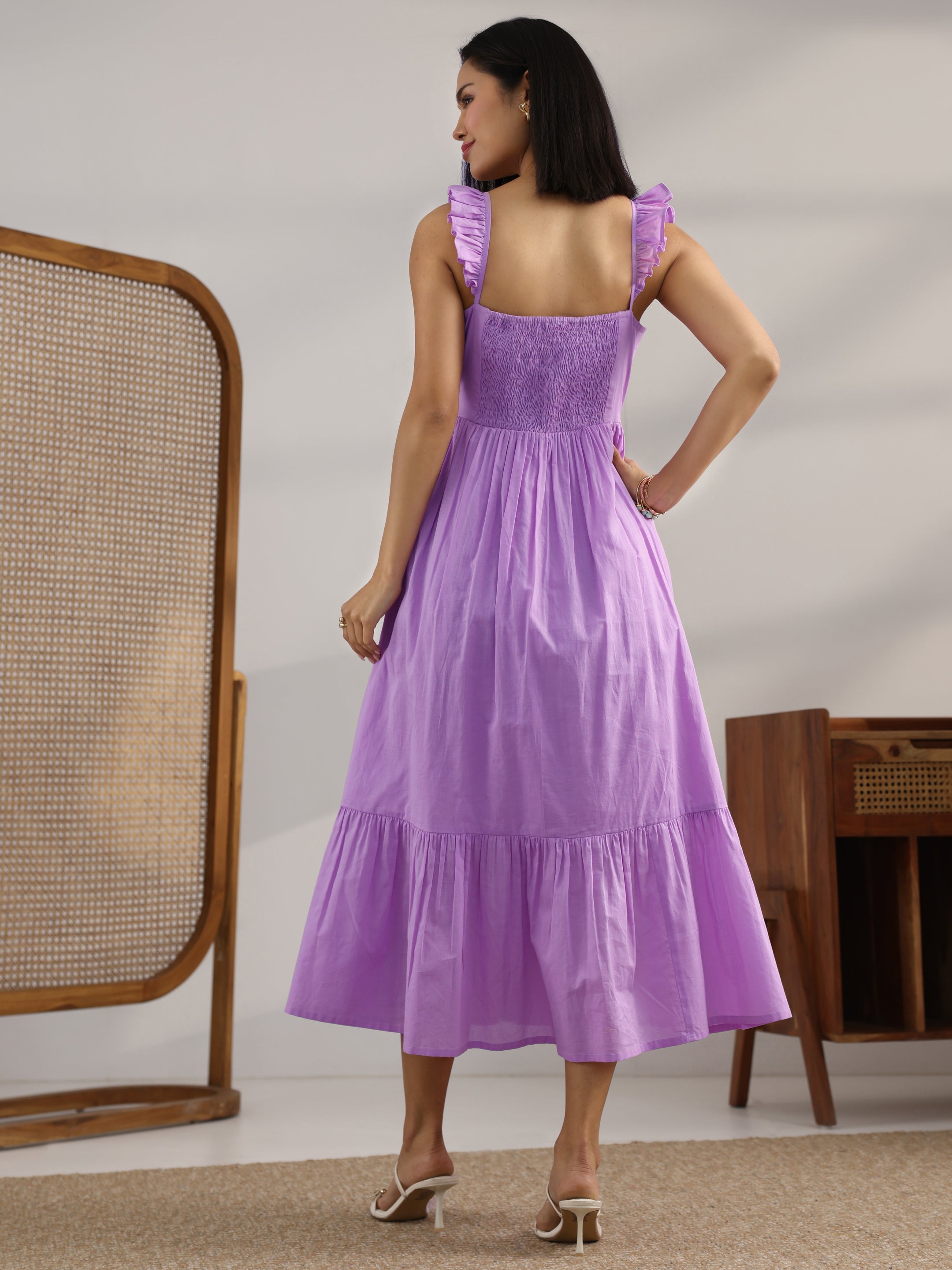 Buy Lavender Solid Cotton Fit And Flare One Piece Dress