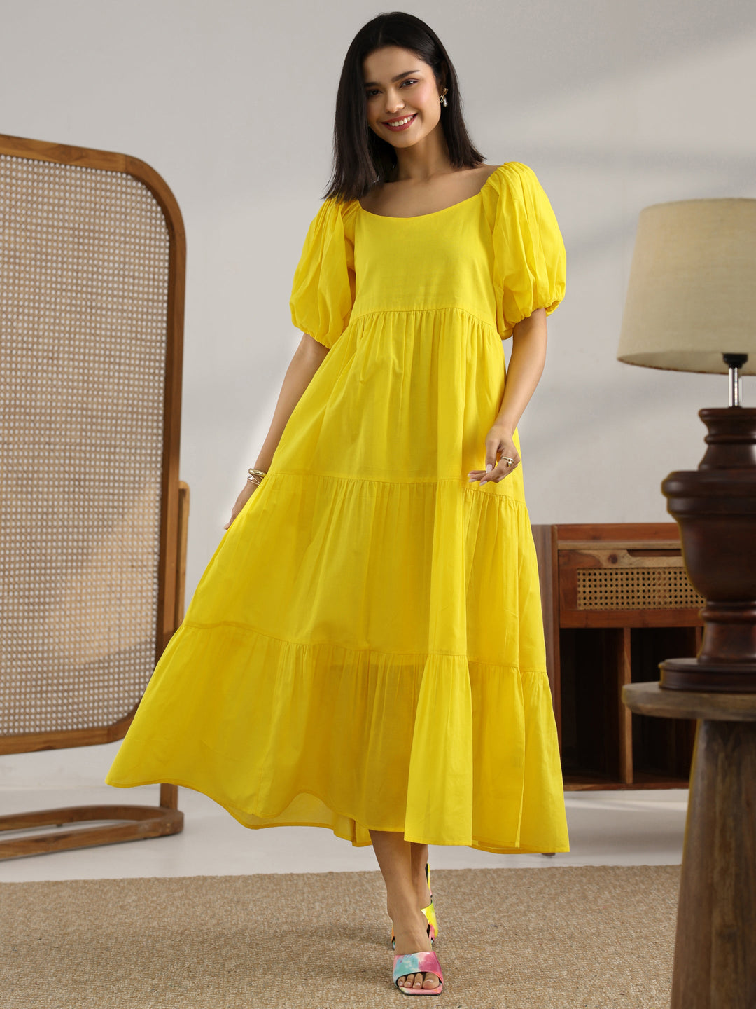 Yellow Solid Cotton Fit And Flare One Piece Dress