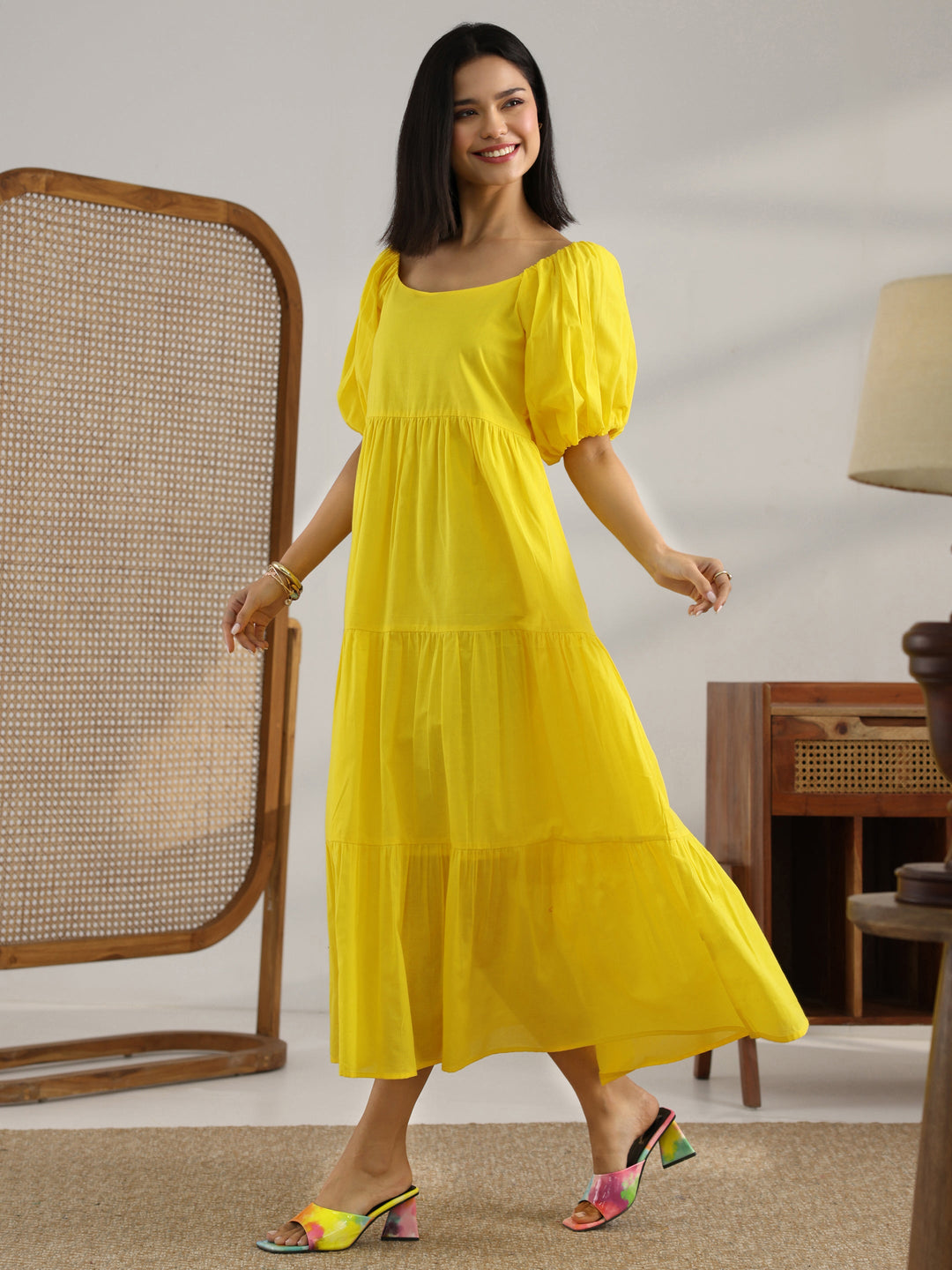 Yellow Solid Cotton Fit And Flare One Piece Dress