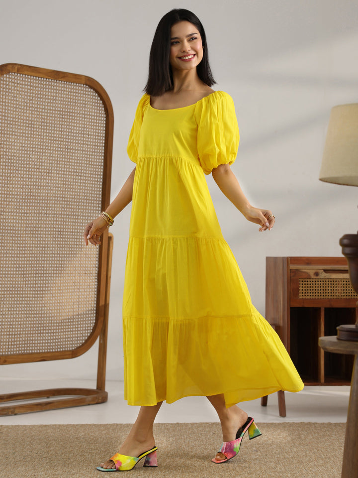 Yellow Solid Cotton Fit And Flare One Piece Dress