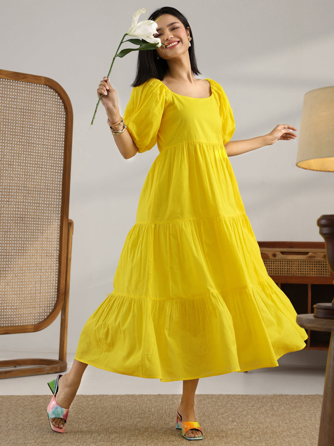 Yellow Solid Cotton Fit And Flare One Piece Dress