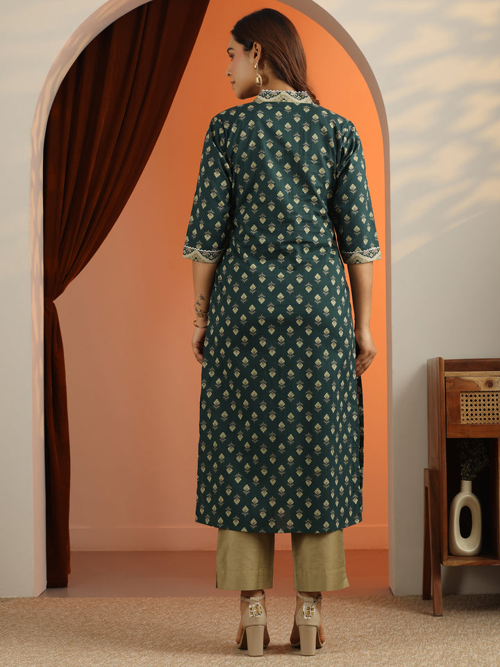 Green Printed Cotton Straight Kurta
