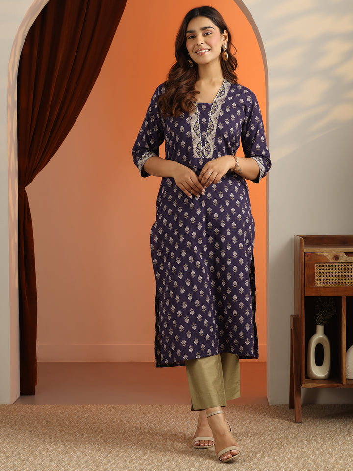 Purple Printed Cotton Straight Kurta