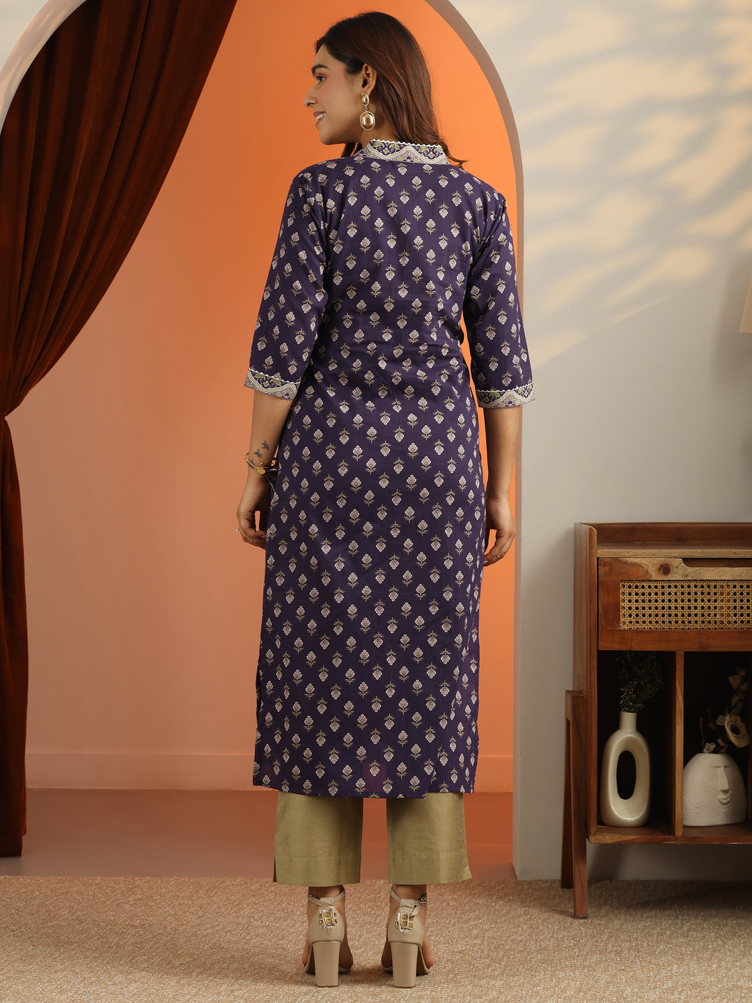 Purple Printed Cotton Straight Kurta