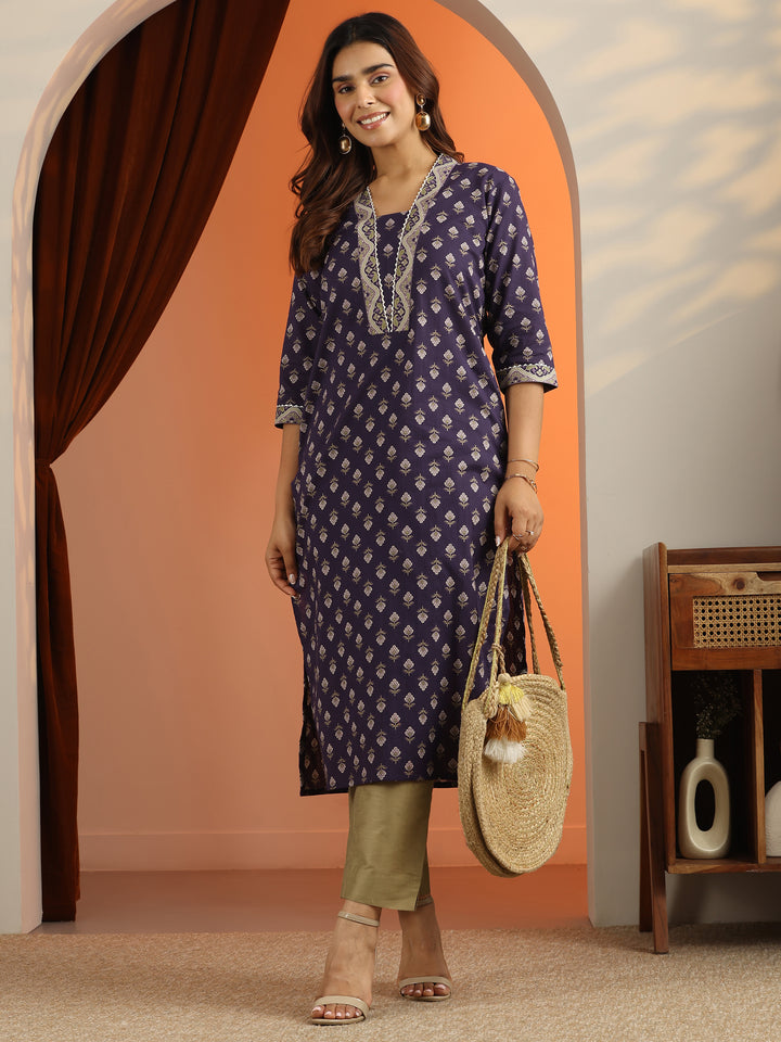 Purple Printed Cotton Straight Kurta