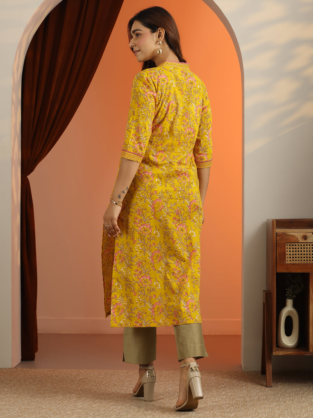 Green Printed Cotton Straight Kurta
