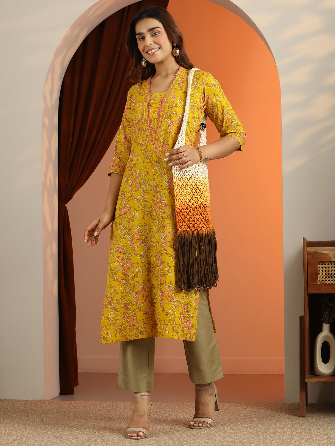 Green Printed Cotton Straight Kurta