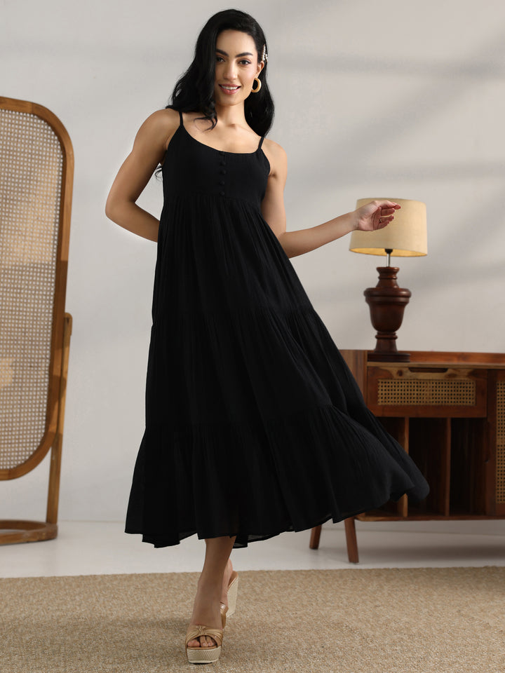 Black Solid Silk Blend Fit And Flare One Piece Dress