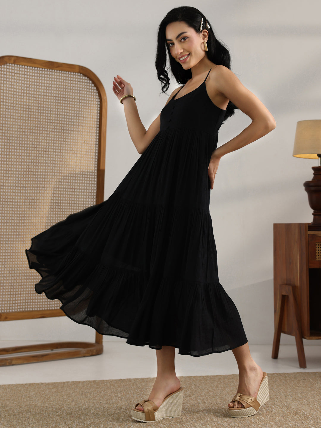 Black Solid Silk Blend Fit And Flare One Piece Dress
