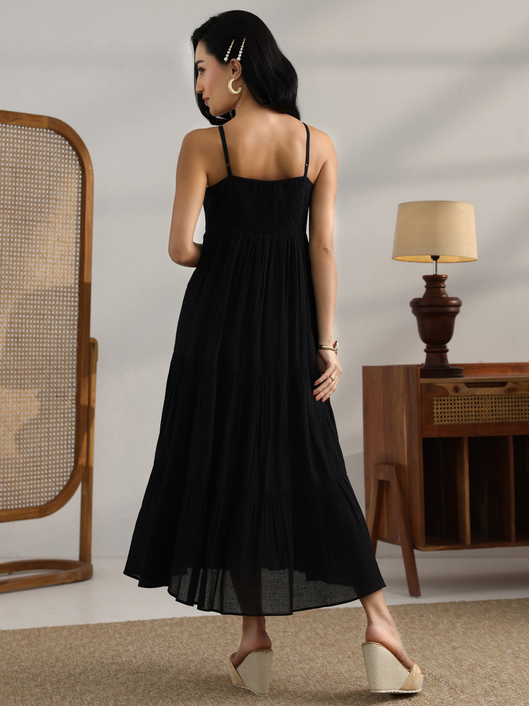 Black Solid Silk Blend Fit And Flare One Piece Dress