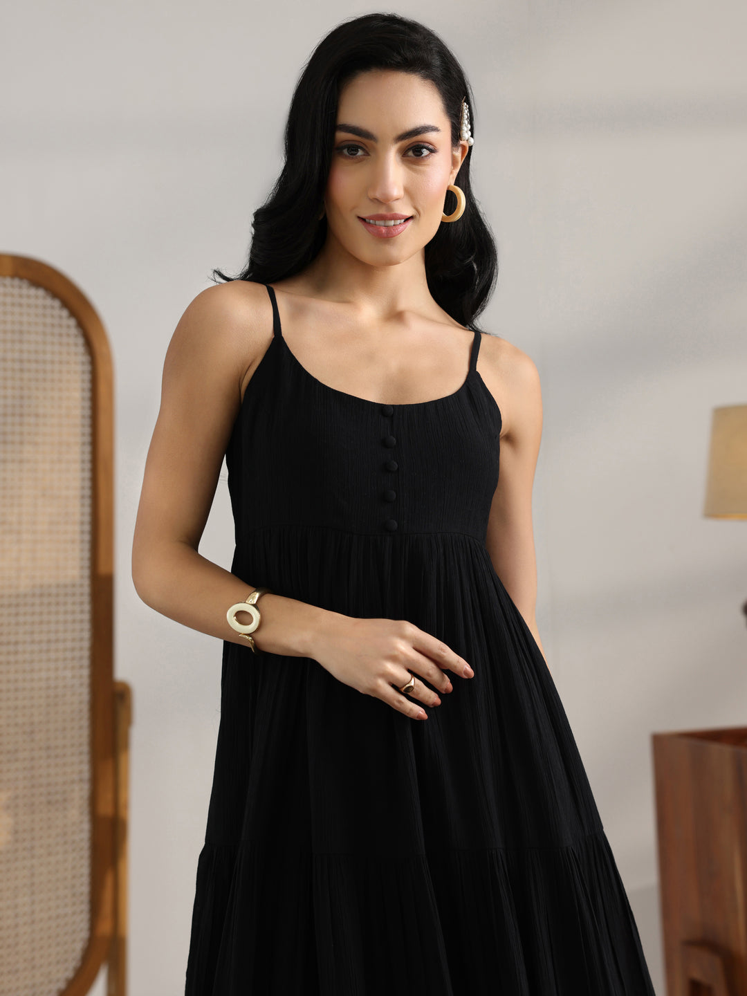 Black Solid Silk Blend Fit And Flare One Piece Dress