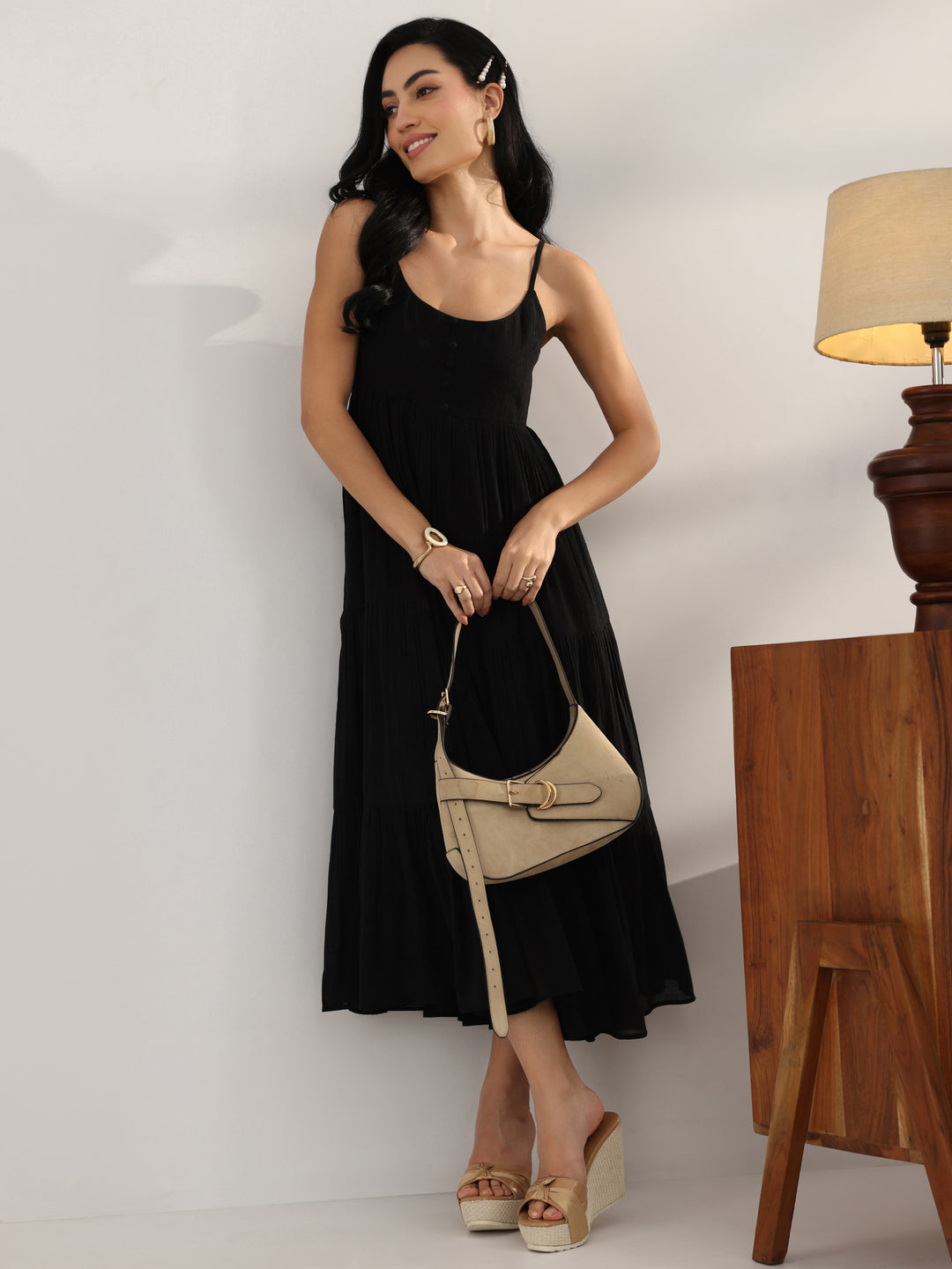 Black Solid Silk Blend Fit And Flare One Piece Dress