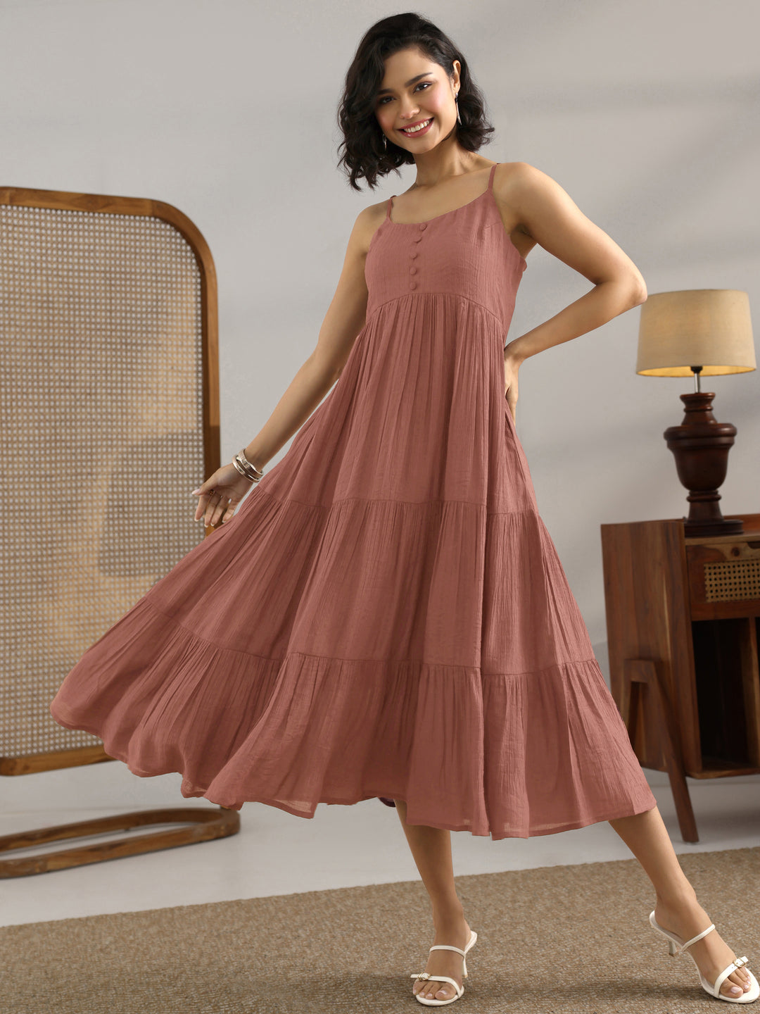 Mauve Solid Silk Blend Fit And Flare One Piece Dress