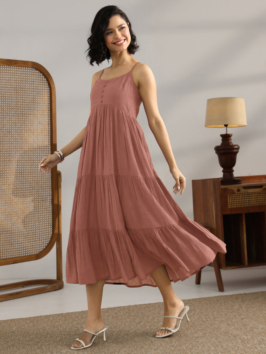 Mauve Solid Silk Blend Fit And Flare One Piece Dress