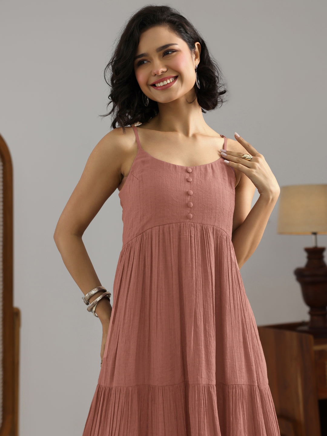 Mauve Solid Silk Blend Fit And Flare One Piece Dress