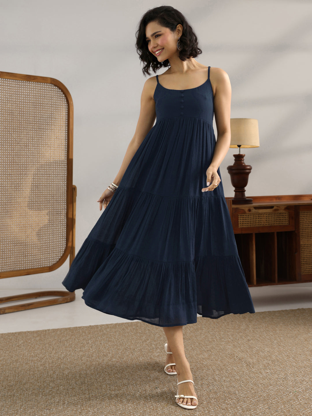 Blue Solid Silk Blend Fit And Flare One Piece Dress