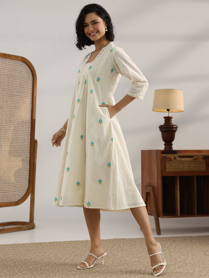 Off White Printed Cotton Pleated A-Line One Piece Dress