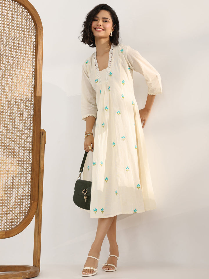 Off White Printed Cotton Pleated A-Line One Piece Dress