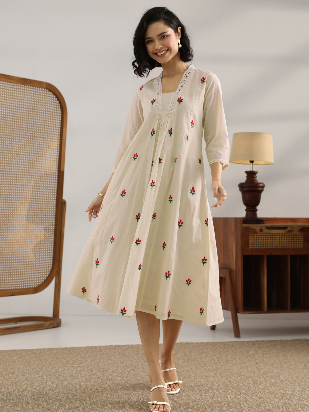 Libas Off White Printed Cotton Pleated A-Line One Piece Dress